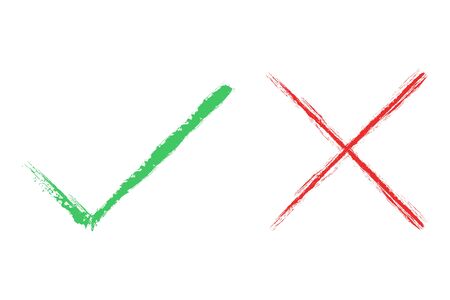 Red cross and check mark. Hand drawn vector voting icons. Vector buttons isolatedのイラスト素材