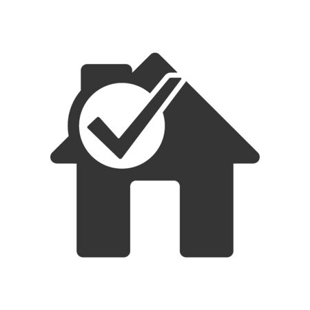 House icon with check mark symbol. Vector House icon. Black home icon. Building icon in flat style, isolated.のイラスト素材