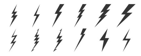 Big set of Lightning icons. Vector lightnings. Black electric power logo design element, isolated.のイラスト素材