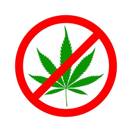 Stop marijuana sign isolated. Sign of prohibition cannabis. Green vector cannabis leaf.のイラスト素材