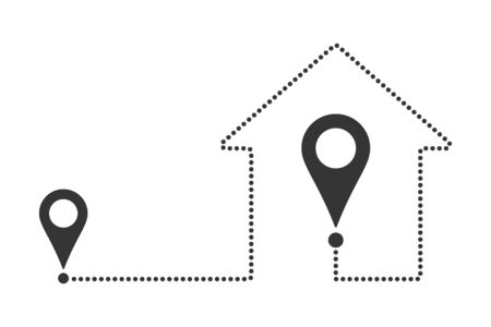 Location pins with a route in the shape of a house. Outline home location icon. The way home. Vector illustration.のイラスト素材