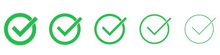 Set of check marks in a circle. Vector illustration. Green tick icons isolated. Approved linear symbol.のイラスト素材