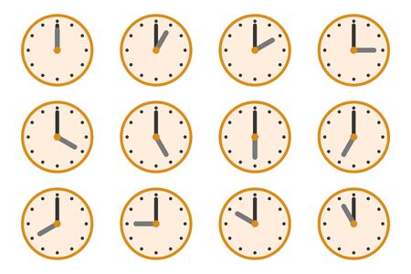 Set of watches with different times. Clock icon isolated. Vector illustration. Clock vector icons