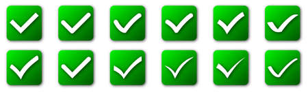 Set of check mark buttons isolated on white background. Vector illustration. Green approved icons with shadowsのイラスト素材
