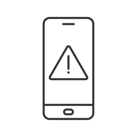 Smartphone with notice symbol. Alarm sign on the device screen. Black linear icon isolated. Vector illustration. Smartphone with caution symbolのイラスト素材