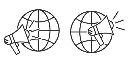 Planet Earth symbol with megaphone icon. Set of linear globe icons. Vector illustration. Speaker icon with globe Earth symbolのイラスト素材