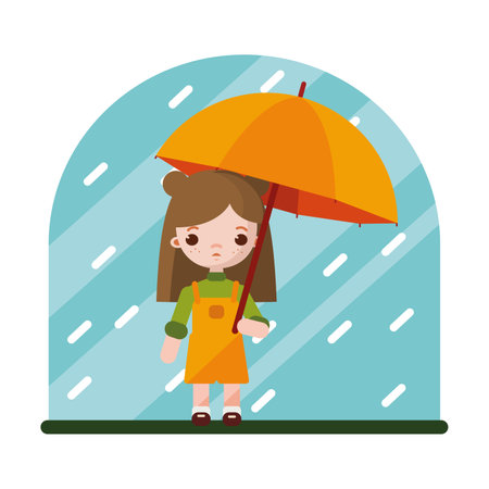 Cute little girl with umbrella. Vector illustration. Little girl hid from rain under umbrella.のイラスト素材