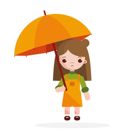 Cute little girl with umbrella. Vector illustration. Little girl hid from rain under umbrella.のイラスト素材