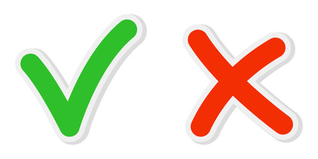 Check mark and cross. Yes and No concept. Vector illustration. Red and green marks on white background.のイラスト素材
