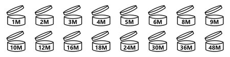 Life months of open cosmetics. PAO vector icons set. The period after opening the package. The shelf life of the product after opening the package.のイラスト素材