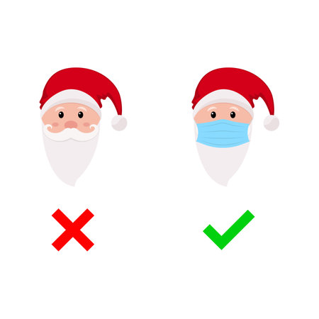 Santa in a mask and without mask. Vector illustration. Face of Santa Claus in a medical mask.のイラスト素材