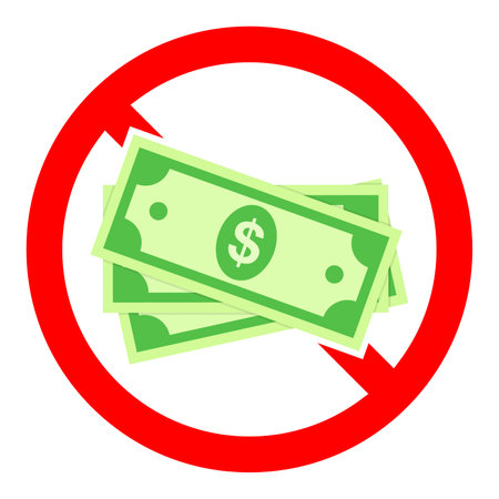 Cash ban icon. Paper money is prohibited. Stop or ban red round sign with paper dollar. Vector illustration. Forbidden sign.のイラスト素材