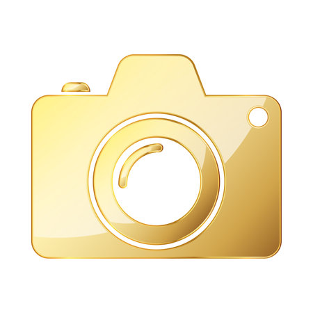 Photo camera icon. Gold photo camera icon isolated. Vector illustration. Gold symbol of cameraのイラスト素材