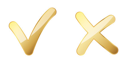 Check and reject icon. Gold vector illustration. Gold approved sign. Reject symbolのイラスト素材