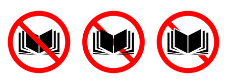 Stop book signs. No book icons set. Red ban signs. Vector illustration. Reading of books is prohibitedのイラスト素材