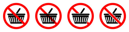 Shopping basket ban icon. Shopping basket is prohibited. Stop or ban red round sign with shopping basket icon. Vector illustration. No shopping basket icons set.のイラスト素材
