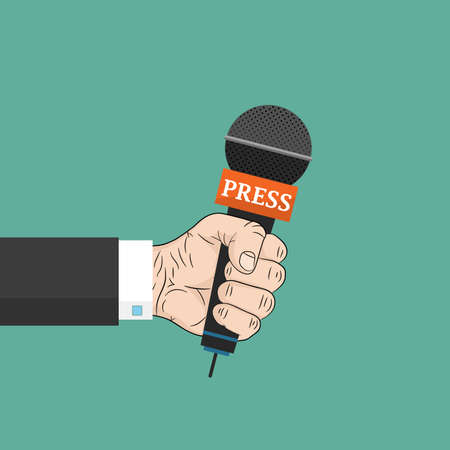 Microphone in the hand of a man. Press or news interview. Vector illustration. A man holding a microphone.のイラスト素材