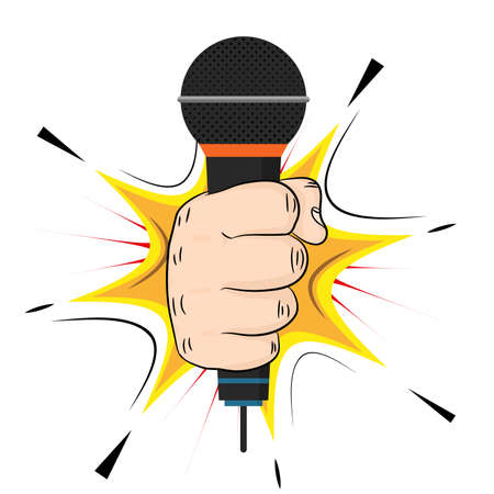 Microphone in the hand of a man. Vector illustration. A man holding a microphone. Interview conceptのイラスト素材