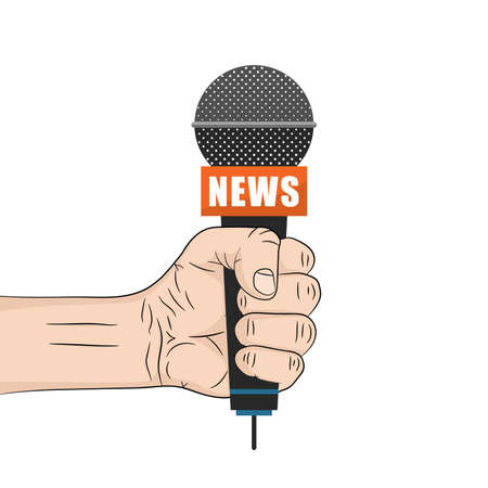Microphone in the hand of a man. News concept. Vector illustration. A man holding a microphone.のイラスト素材