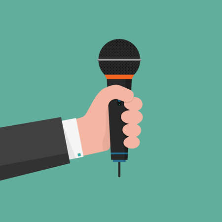 Microphone in the hand of a man. Vector illustration. A man holding a microphone. Interview conceptのイラスト素材