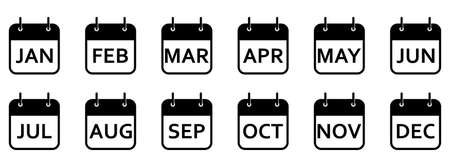 Every month of a year calendar icons. Set of black calendar icons. Vector illustration. Isolated...