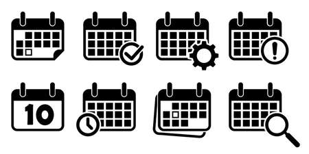 Calendar vector icons. Set of calendar symbols on white background. Vector illustration. Various black calendar icons.のイラスト素材