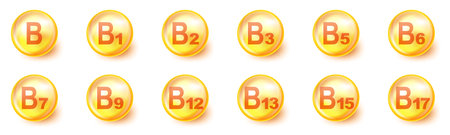 Vitamins round icons. Set of vitamins B grupy. Vector illustration. Healthy life conceptのイラスト素材