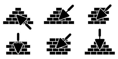 Brickwork icons set. Trowel and brick icon. Construction or repair symbol. Vector illustration. Brickwork and building trowel icon.のイラスト素材