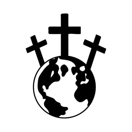 Earth globe icon with crucifixion of Jesus. Calvary icon. Abstract religious. Christian cross icon. Vector illustration. Symbol of churchのイラスト素材