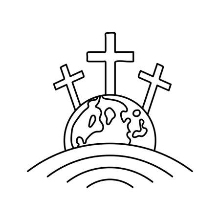 Earth globe icon with crucifixion of Jesus. Calvary icon. Abstract religious. Christian cross icon. Vector illustration. Linear symbol of churchのイラスト素材