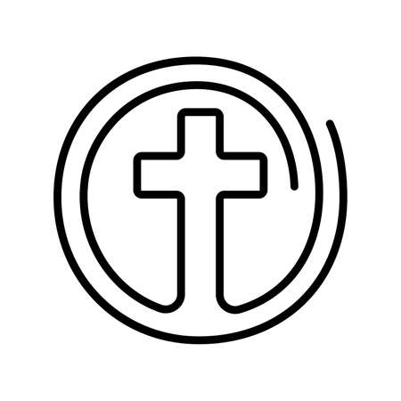 Christian cross icon. Abstract religious logo. Christian cross icon in a circle. Vector illustration. Linear symbol of churchのイラスト素材