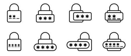 Password icon. Login icon. Vector illustration. Set of varied pincode flat icons. Cyber security black icons.のイラスト素材