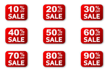 Sale tags with different percentages. Vector illustration. Special offer sale red tags. Sale stickers isolatedのイラスト素材