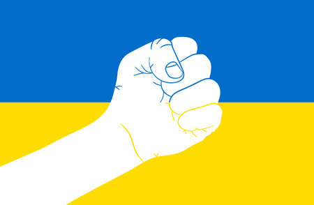 Human fist on the Ukraine flag background. vector illustration. stop war concept. concept of resistance.のイラスト素材