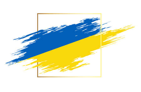 Brush stroke in the colors of the Ukrainian flag. vector illustration. Creative ukrainian national flag in the golden frame.のイラスト素材