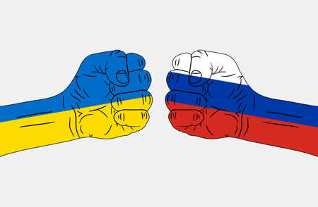 Conflict between Russia and Ukraine. war concept. Flags on hand. Two fists. vector illustration.のイラスト素材