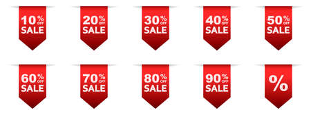 Discount offer ribbon. Set of red shopping tag ribbons. Collection of shopping ribbons with discounts from 10 to 90 percent. Vector sale icon.のイラスト素材