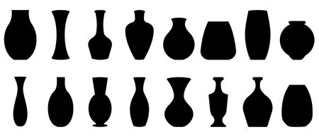 Silhouettes of the vases. Set of different vases. vector illustration. Black vase iconsのイラスト素材