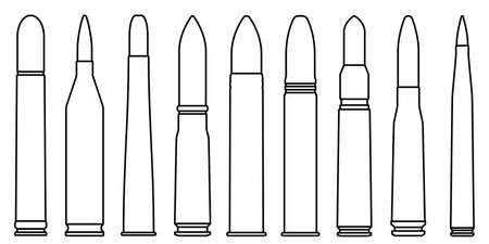Bullet icon set. Cartridge icon in linear design. military ammunition. Bullet or patron silhouette vector illustration.のイラスト素材