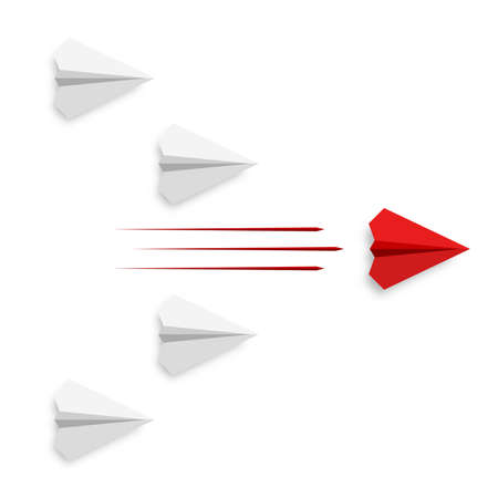 flying paper airplanes. Red paper plane flies first. vector illustration. Business or success concept icon.のイラスト素材