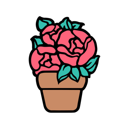 Cute hand drawn flower pot. Color image of potted plant in flat design. Potted plant badge. vector illustration.のイラスト素材