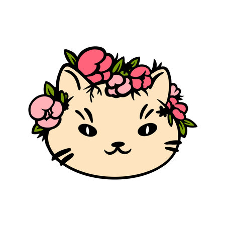 Cute hand drawn cat with flowers. Color image of cat's muzzle in flat design. animal badge. vector illustration.のイラスト素材