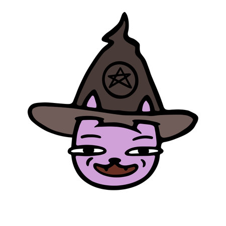 Cute hand drawn cat in a hat. Color image of cat's muzzle for halloween. Halloween badge. vector illustration.のイラスト素材