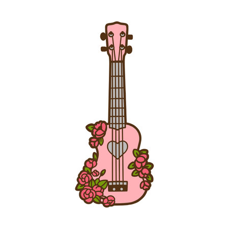 Cute hand drawn guitar with flowers. Color image of guitar in flat design. guitar badge. vector illustration.のイラスト素材