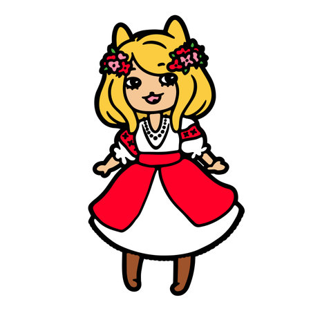 Cute hand drawn girl kitty in a dress. Color image of lady cat in flat design. vector illustration.のイラスト素材