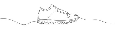 Continuous one line drawing silhouette of sneakers. The sneakers linear icon. one line drawing background. vector illustration. Linear sneakers backgroundのイラスト素材
