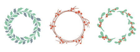 Christmas wishes set. Holiday wreaths with leaves. Set of wreaths. Cute decorative elements. vector illustration.のイラスト素材
