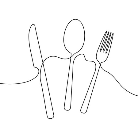 Spoon, fork and knife in continuous line drawing style. Line art silhouette of cutlery. vector illustration. abstract backgroundのイラスト素材