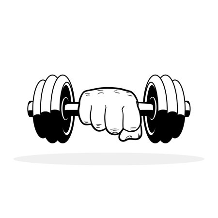 Hand holding dumbbell. Fist with dumbbell. Hand grasping dumbbell. Fitness logo design. vector illustration.のイラスト素材