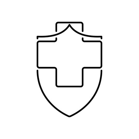medical shield icon. Black shield with medical cross. Save protection icon. vector illustration. abstract logo designのイラスト素材